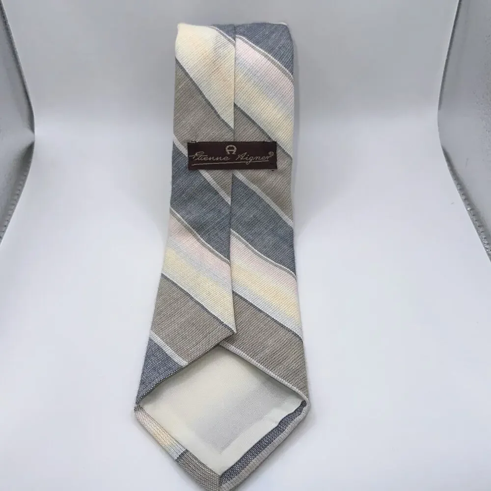 Vintage Etienne Aigner Gray Cream Striped‎ Neck Tie Made in Portugal Silk/Poly